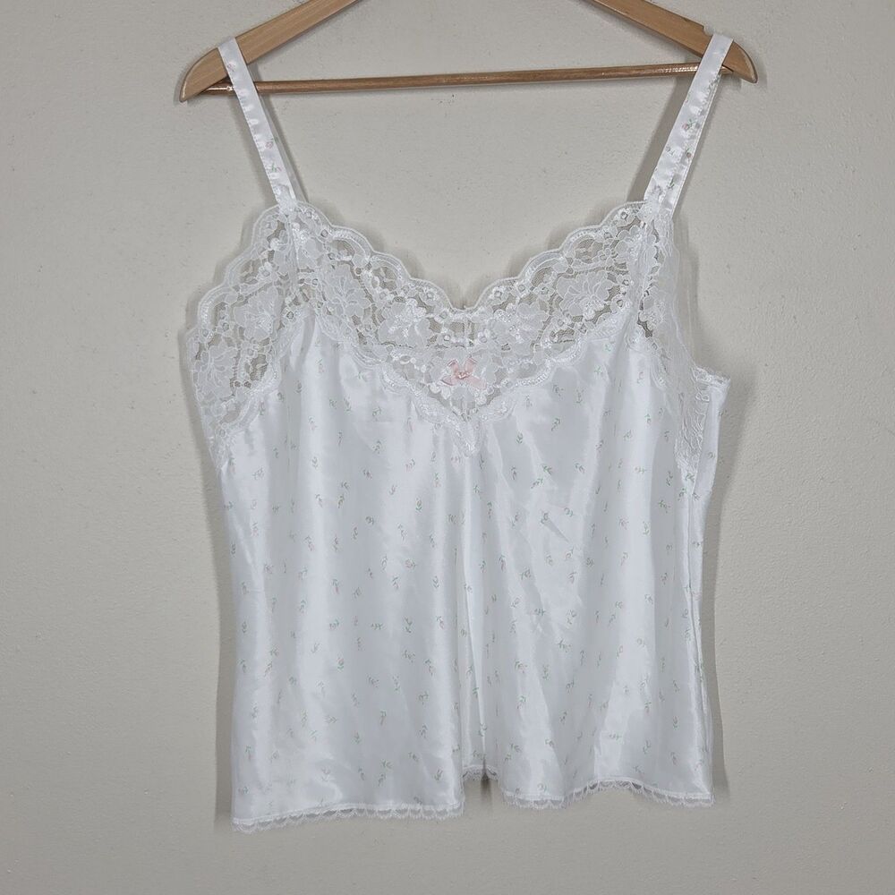 Vtg 90s Y2K White Dainty Floral Lace Trim Satin Cami Fairy Romantic Feminine